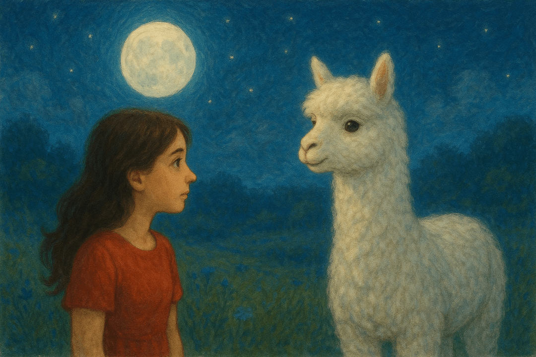 햇살 아래 선명한 흰 알파카를 바라보는 상징적 장면