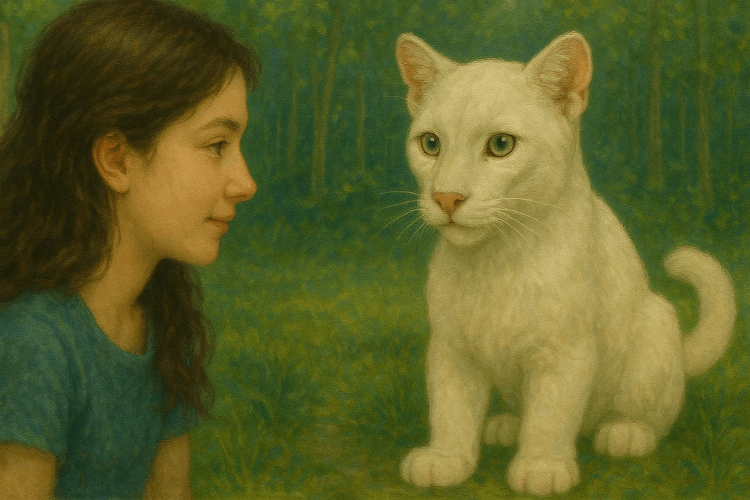 하얀 빛 속에서 고요히 서 있는 흰 퓨마의 상징적인 이미지