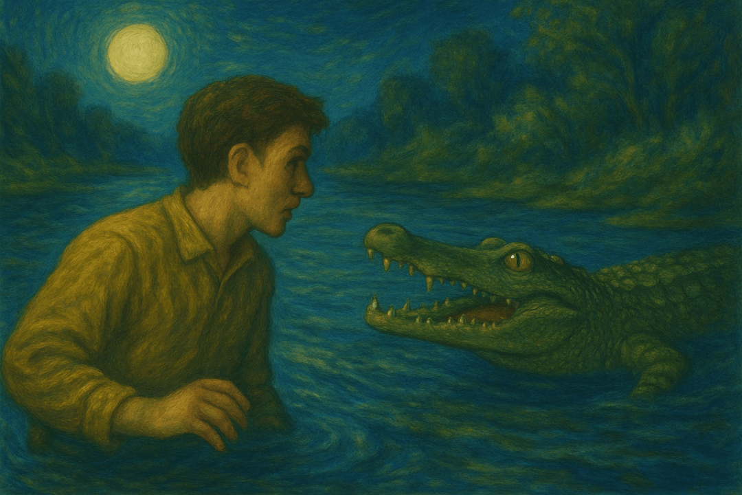 강물 속에서 악어와 마주한 장면을 상징적으로 표현한 이미지