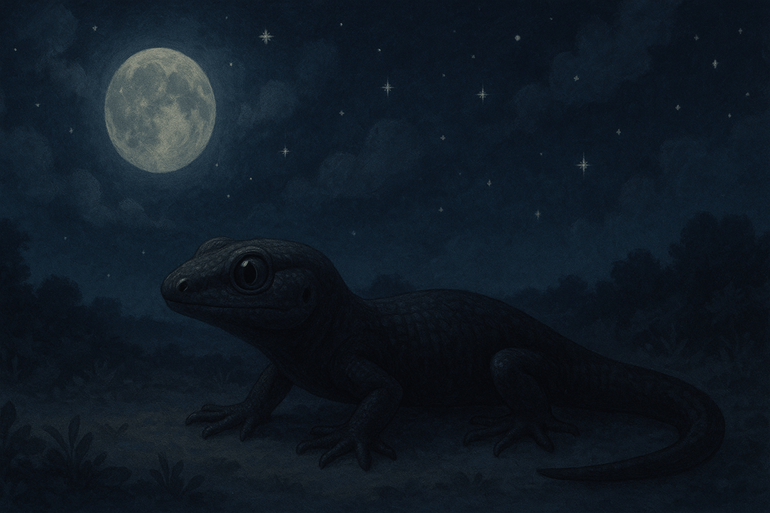 어둡고 차분한 공간에서 검은 도마뱀이 조용히 바라보고 있는 상징적 꿈 이미지