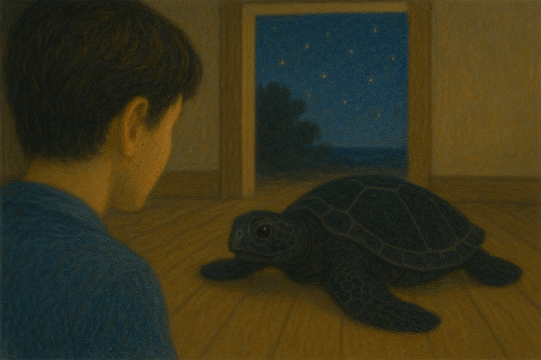 어두운 바다 속에서 유영하는 검은 바다거북의 상징적 장면