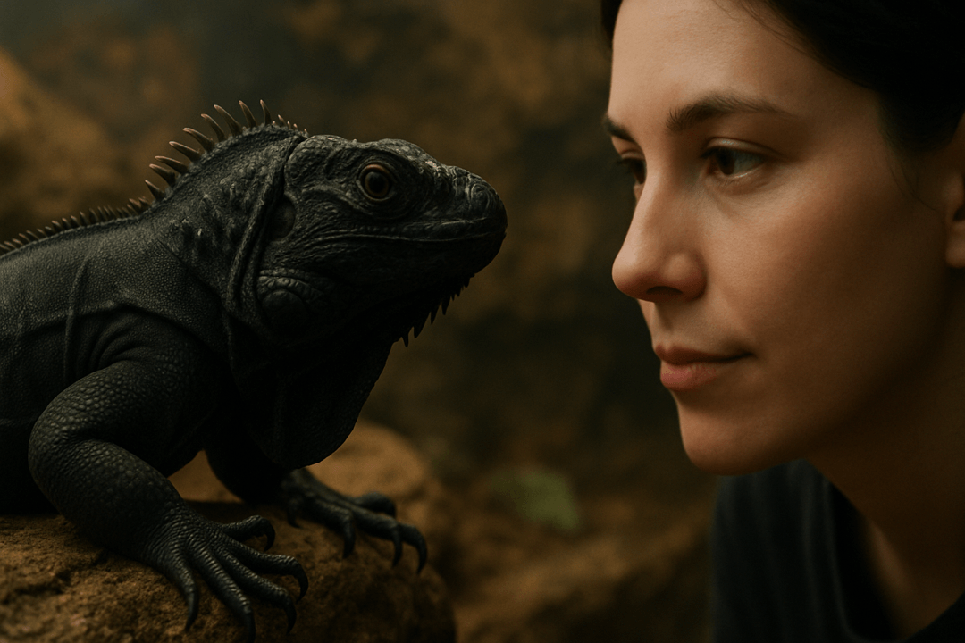 어두운 공간에서 검은 이구아나가 고요히 서 있는 모습