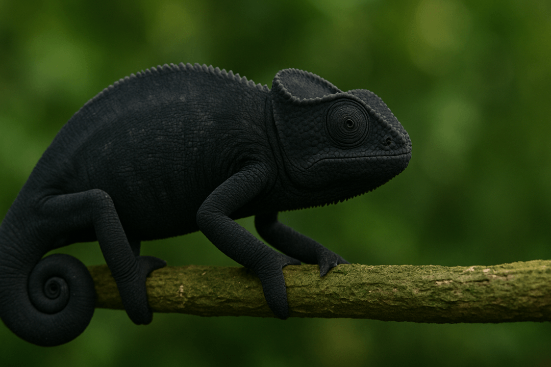 검은 색을 띤 카멜레온이 어둠 속에서 조용히 머무는 상징적 이미지