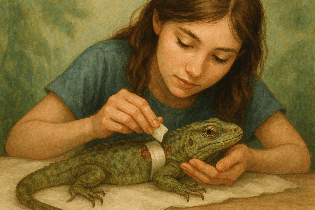 다친 도마뱀을 조심스럽게 손으로 돌보고 있는 상징적 이미지