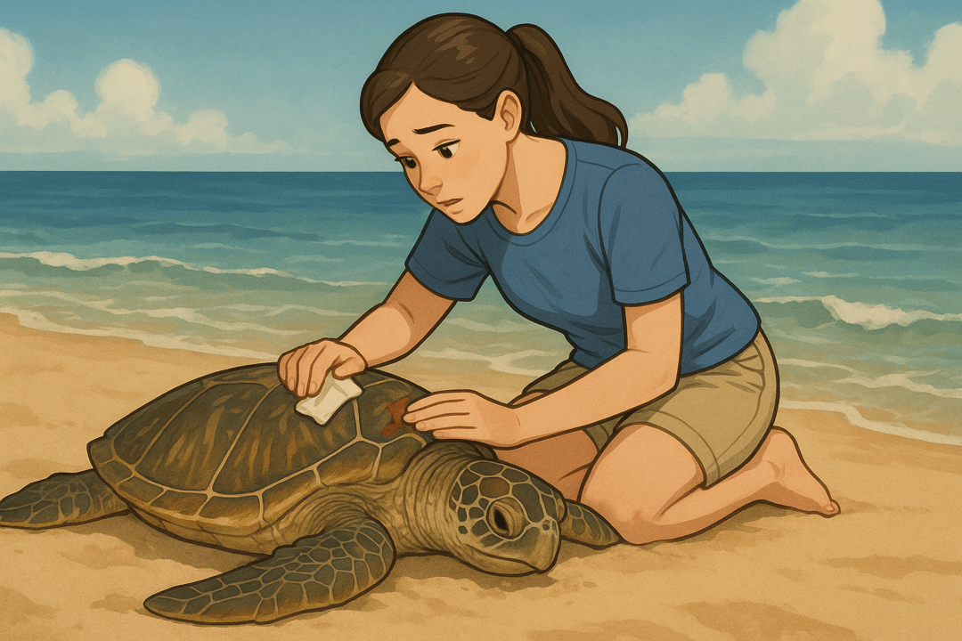 상처 입은 바다거북을 보살피는 상징적 장면