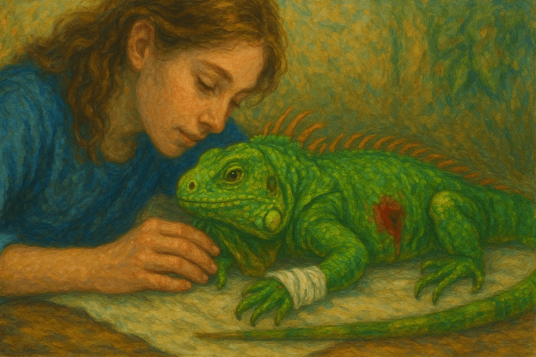 상처 입은 이구아나를 보살피는 따뜻한 장면