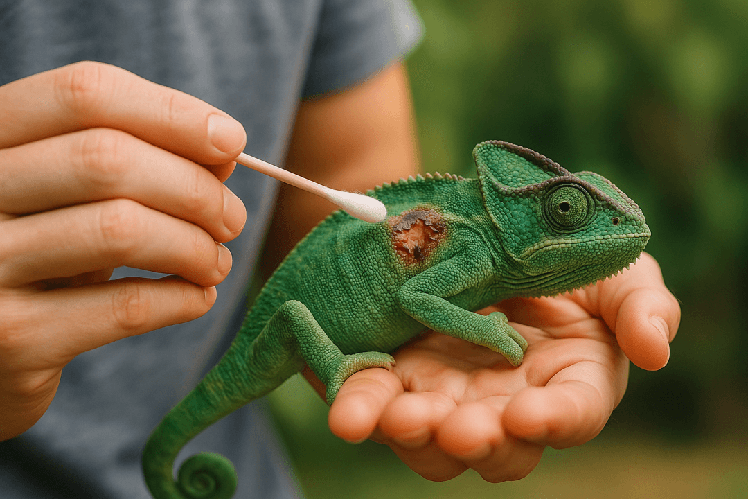 다친 카멜레온을 조심스럽게 손으로 돌보는 상징적 이미지