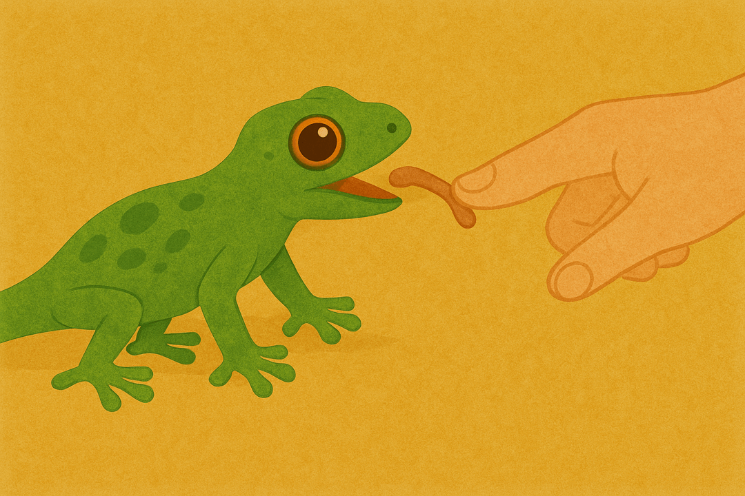 사람이 도마뱀에게 먹이를 건네며 돌보고 있는 상징적 꿈 이미지