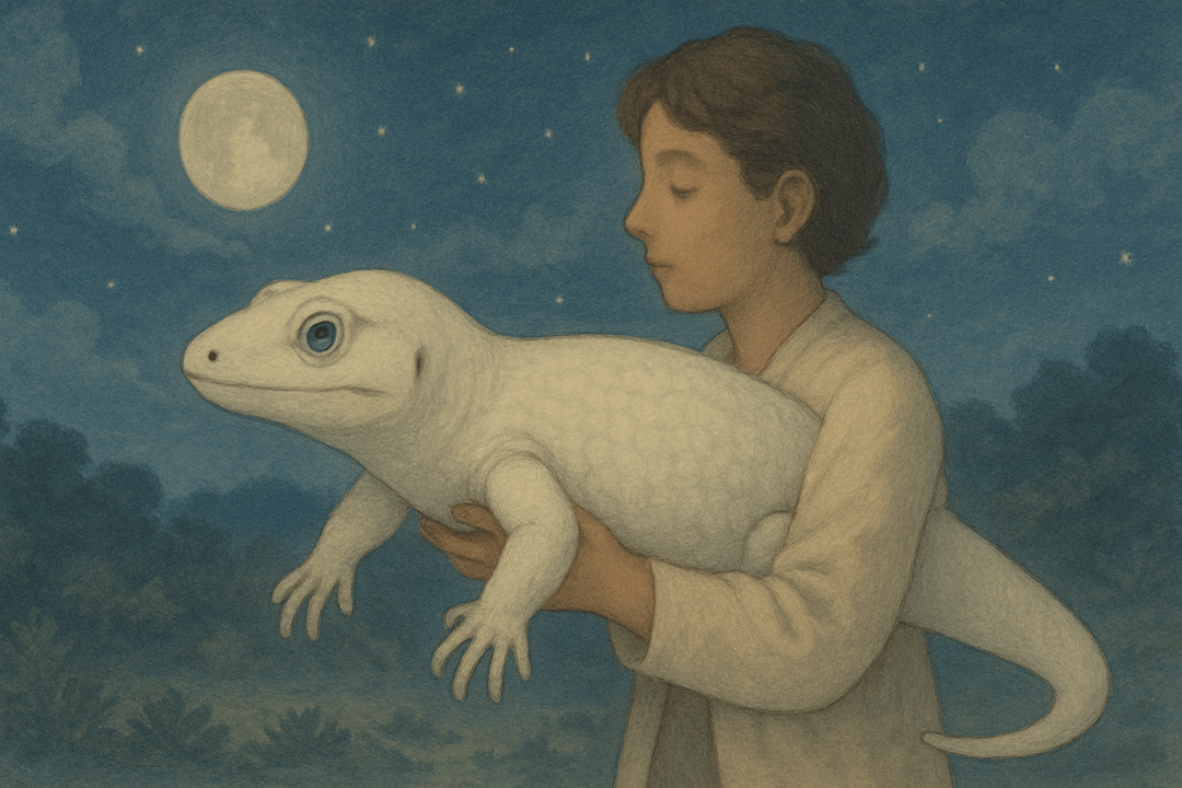 도마뱀을 조심히 데리고 이동하는 장면을 상징적으로 표현한 이미지