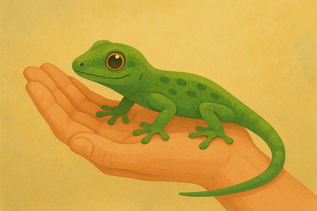 손바닥 위에 조심스럽게 올라와 있는 도마뱀을 상징적으로 표현한 이미지