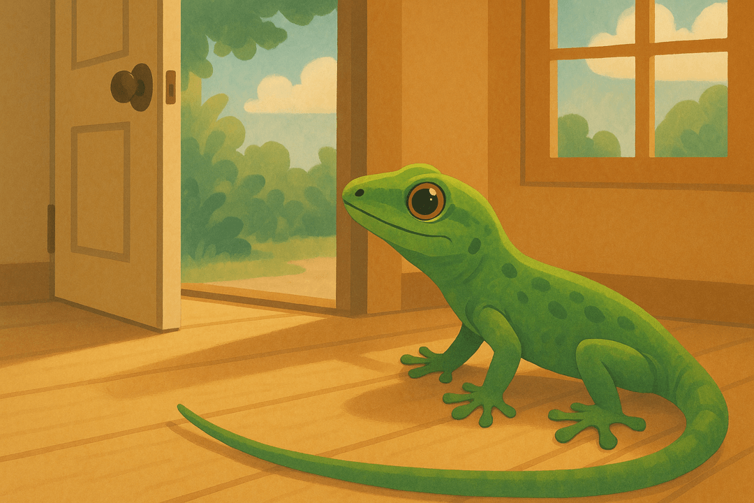 집 안으로 들어온 도마뱀을 바라보는 상징적인 꿈 해몽 이미지