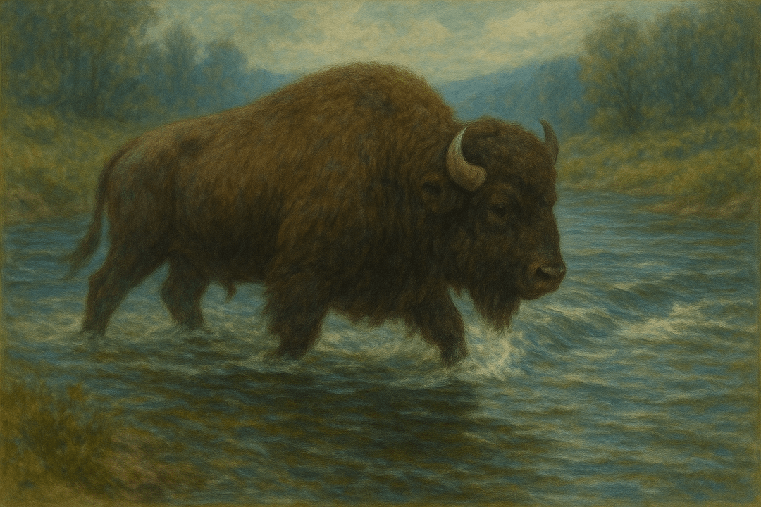 힘차게 강을 건너는 들소의 상징적인 장면