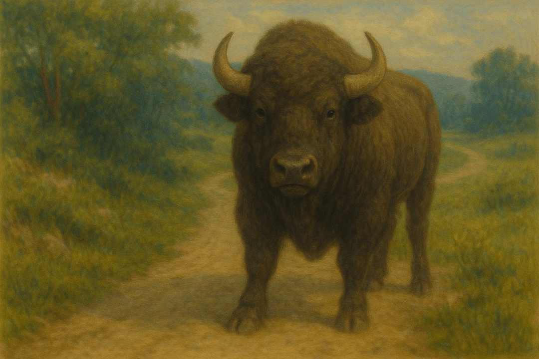 넓은 길 위에서 사람의 앞을 막고 선 들소의 상징적인 장면