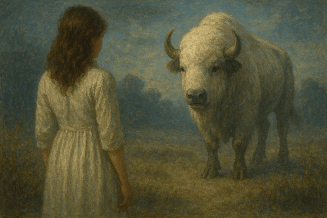 평온한 초원 위에서 들소를 주의 깊게 바라보는 상징적인 장면