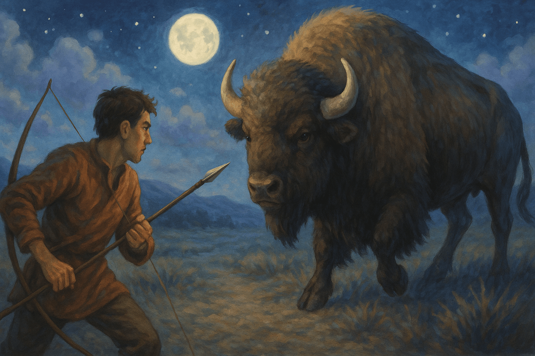 활이나 창으로 들소를 사냥하는 강렬한 상징의 장면