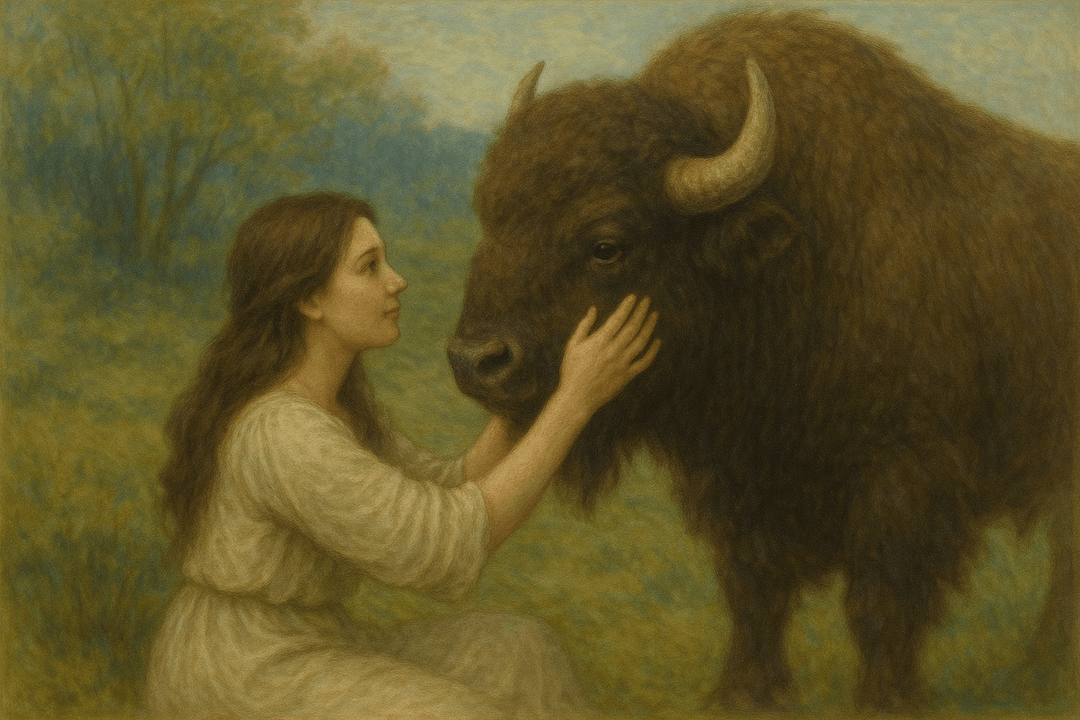 평화롭게 사람과 교감하는 들소의 상징적인 장면