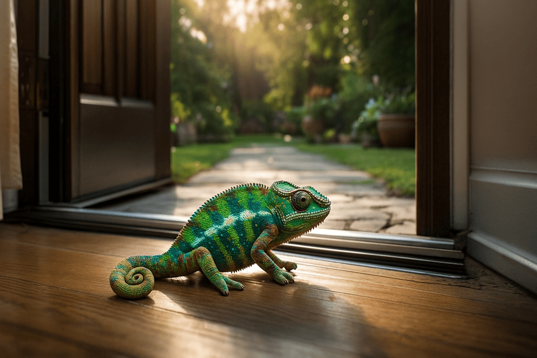 집 문 앞에 조용히 앉아 있는 카멜레온의 상징적 이미지