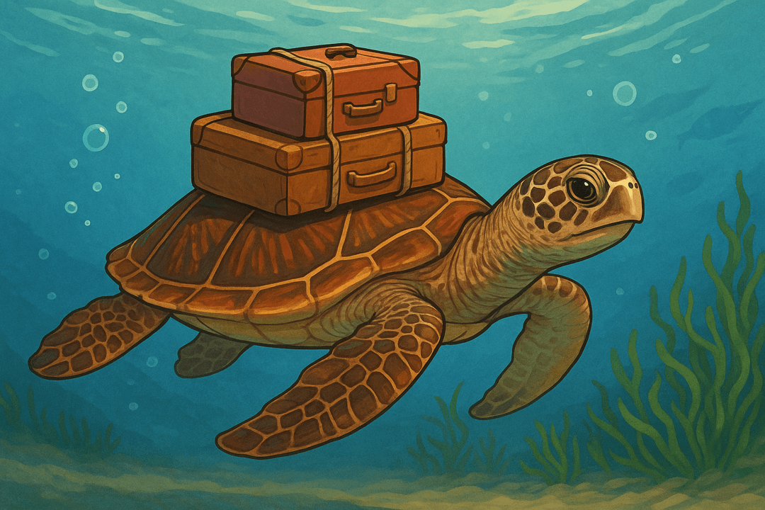 바다거북 등에 짐을 올려놓는 상징적인 장면
