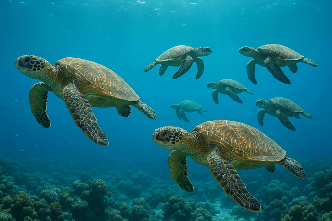 바다 속을 함께 헤엄치는 바다거북 무리의 상징적 장면