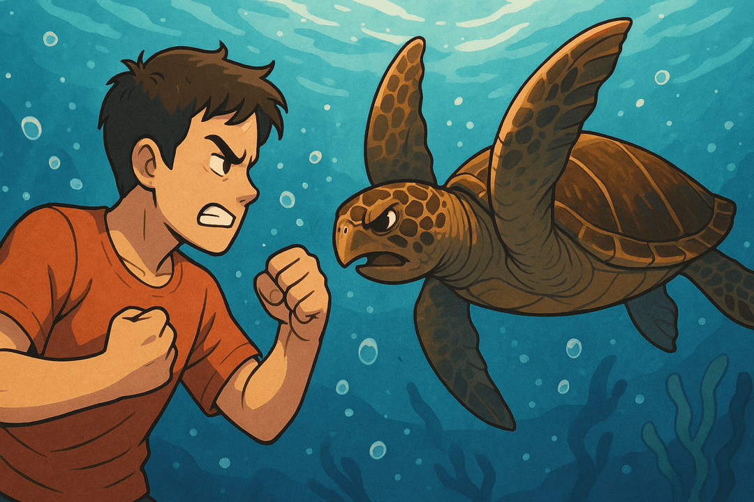 바다 속에서 거북과 맞서는 상징적인 장면