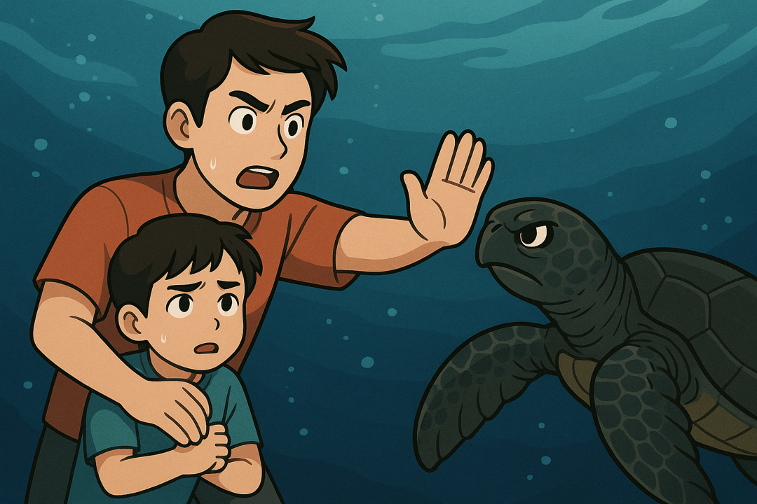 바다거북으로부터 사람을 지키는 상징적인 장면