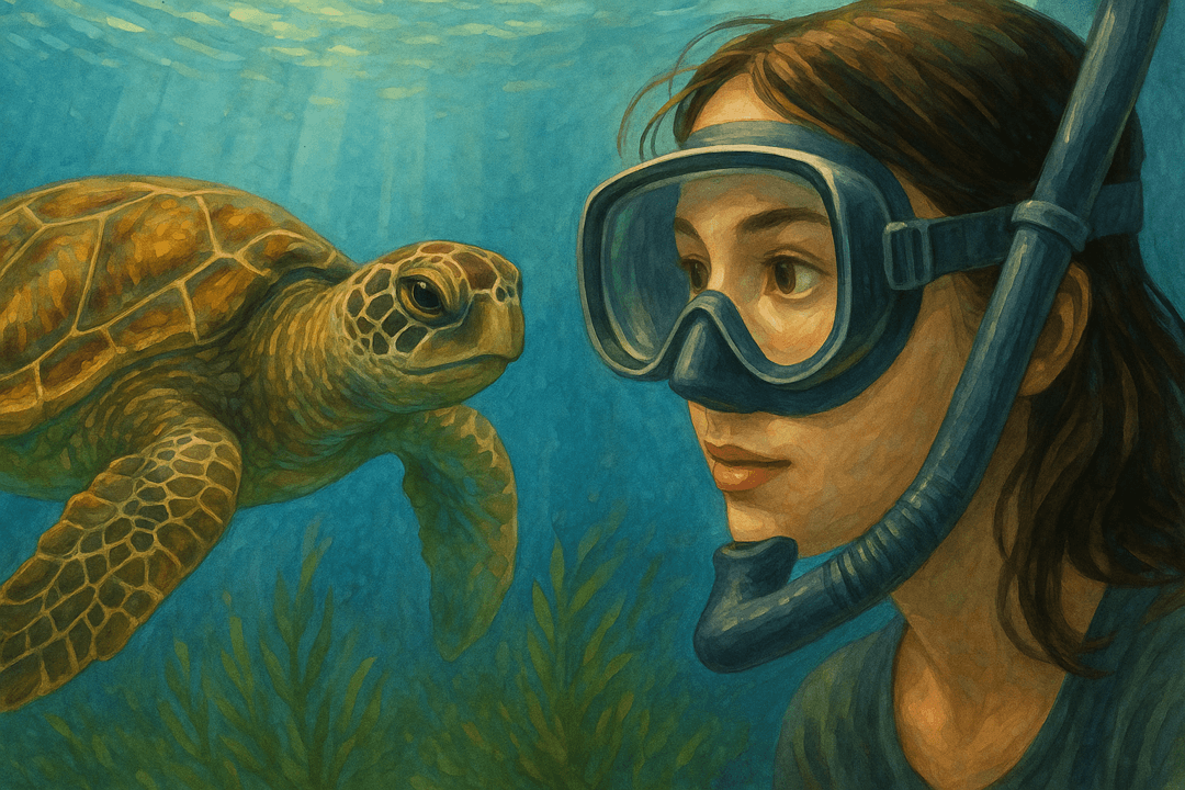 바다 속을 헤엄치는 바다거북을 바라보는 상징적인 장면