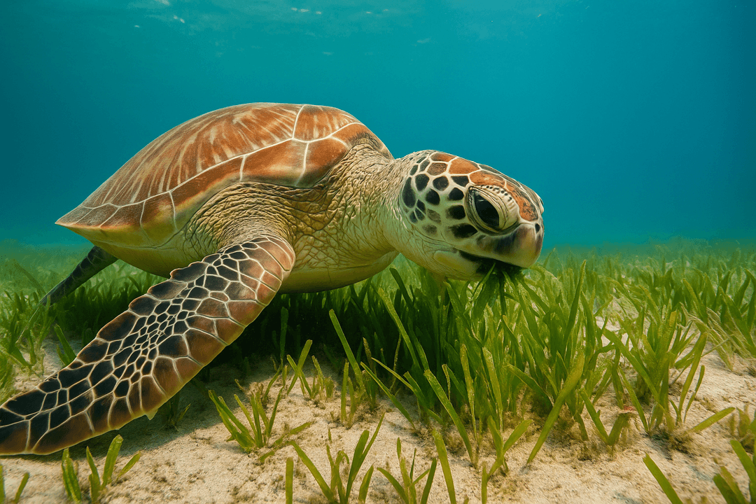 바다 속에서 해초를 먹는 바다거북의 상징적 장면