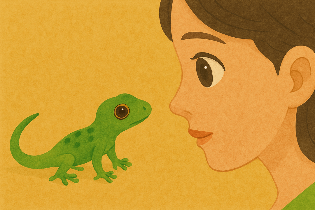 작고 귀여운 새끼 도마뱀을 바라보는 상징적인 꿈 이미지