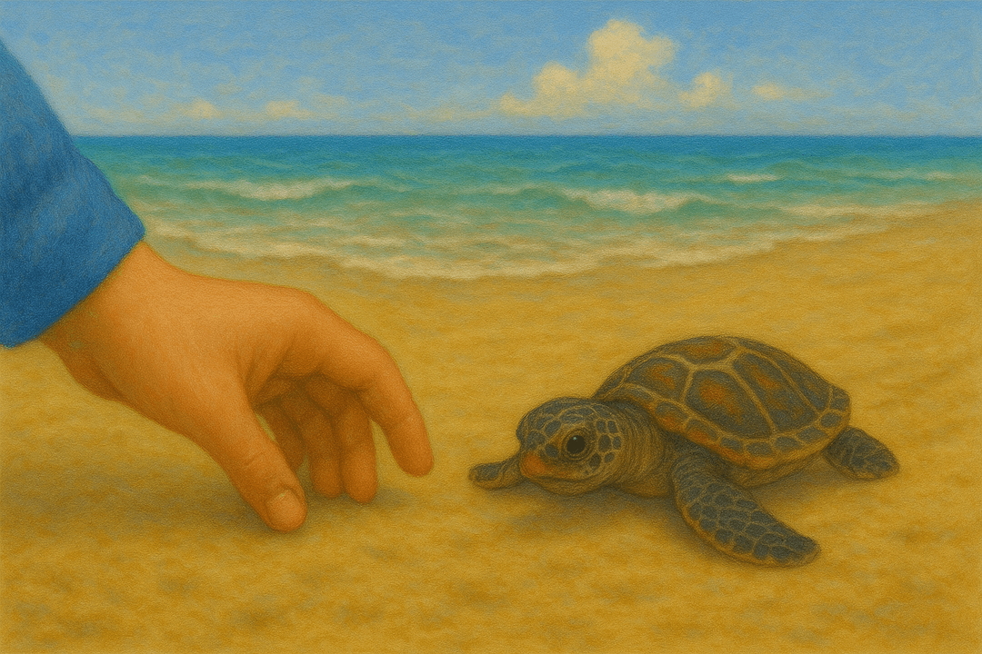 해변에서 바다로 향하는 새끼 바다거북들의 상징적 장면