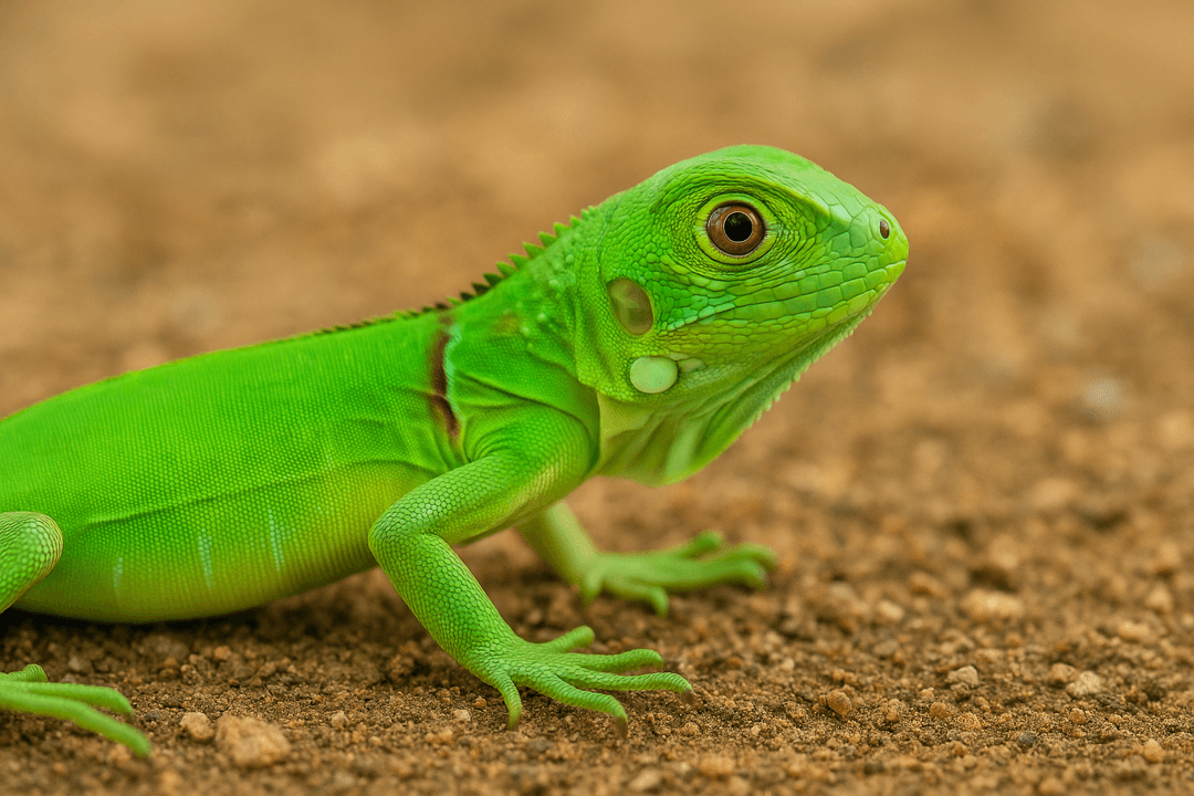 작은 새끼 이구아나가 햇살 아래 있는 상징적인 장면