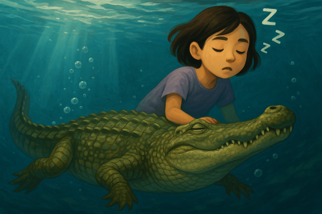 물속으로 깊이 잠수하는 악어를 상징적으로 표현한 이미지