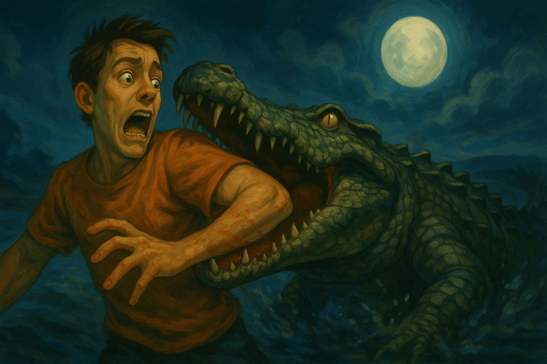 악어에게 물리는 장면을 상징적으로 표현한 이미지