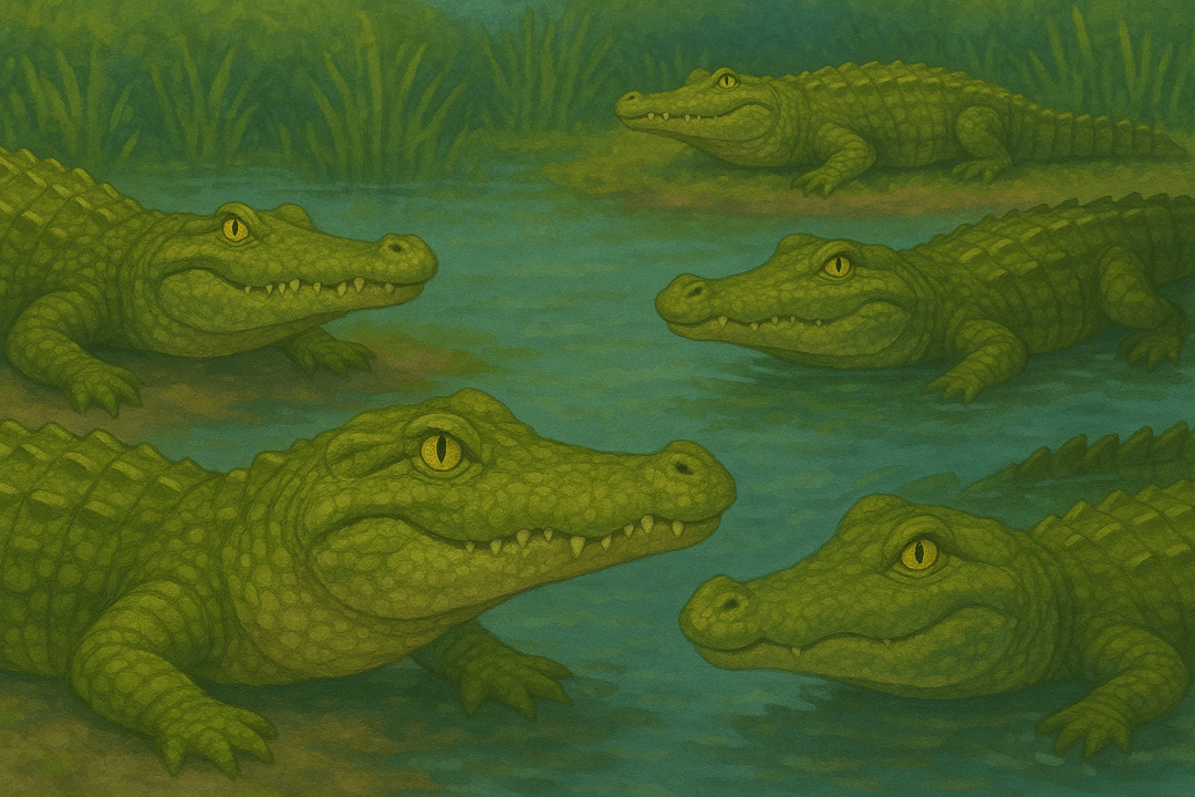 여러 마리 악어가 물가에 모여 있는 장면을 상징적으로 표현한 이미지