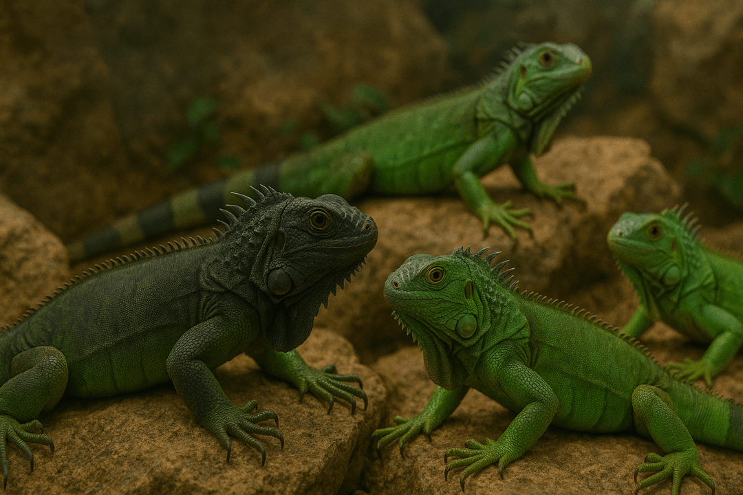 여러 마리의 이구아나가 모여 있는 모습