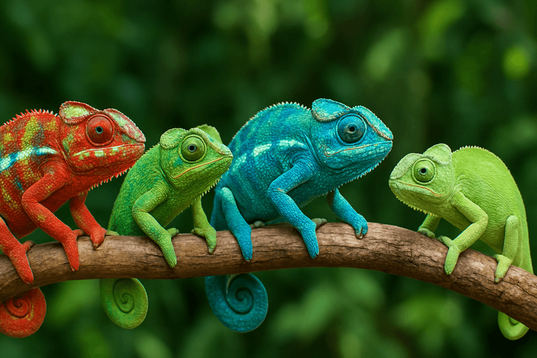 나뭇가지 위에 여러 마리 카멜레온이 모여 있는 상징적 이미지