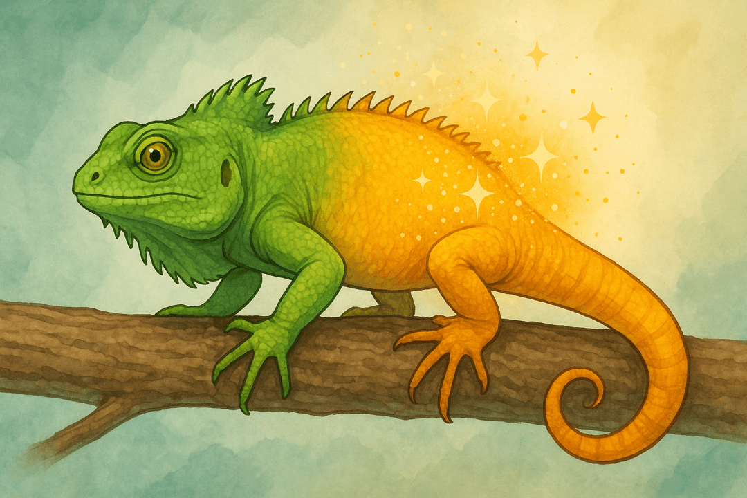 색이 변하며 다양한 빛을 띠는 이구아나의 상징적 이미지