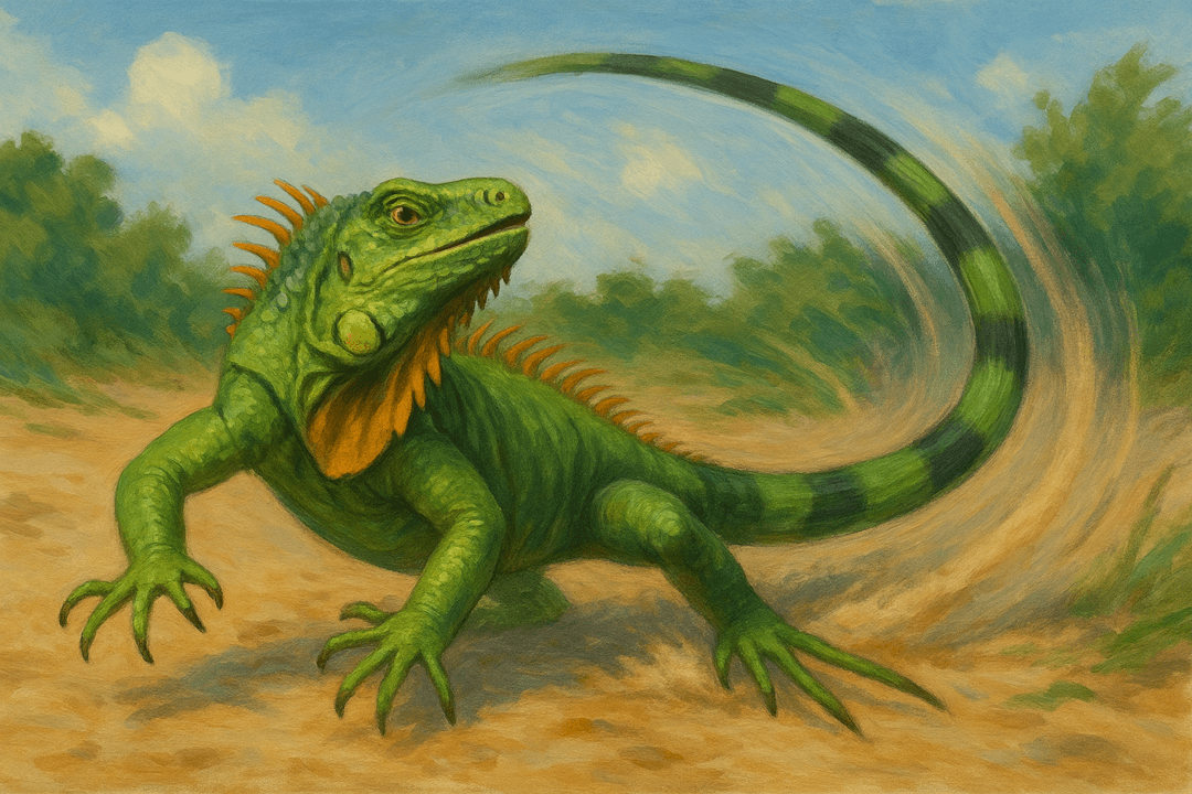 위협적으로 꼬리를 휘두르는 이구아나의 상징적인 모습