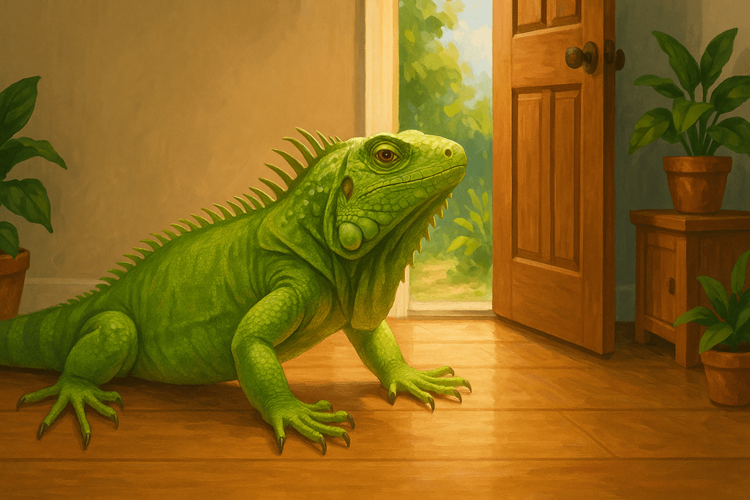 집 안으로 들어오는 이구아나의 상징적인 장면
