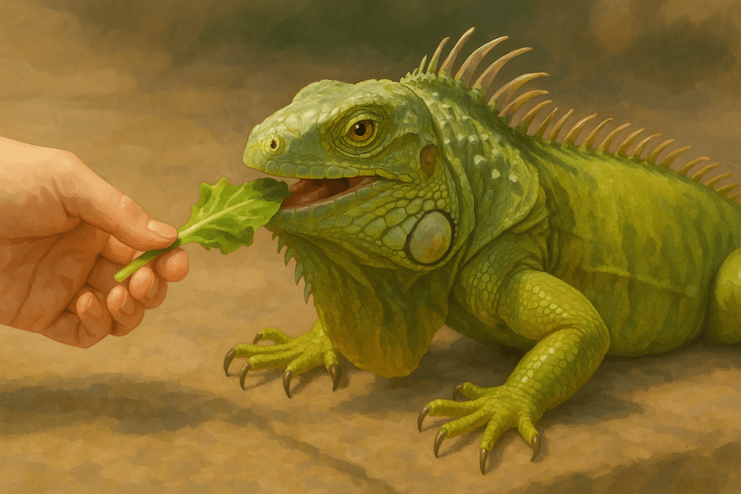 이구아나에게 먹이를 건네는 상징적인 장면