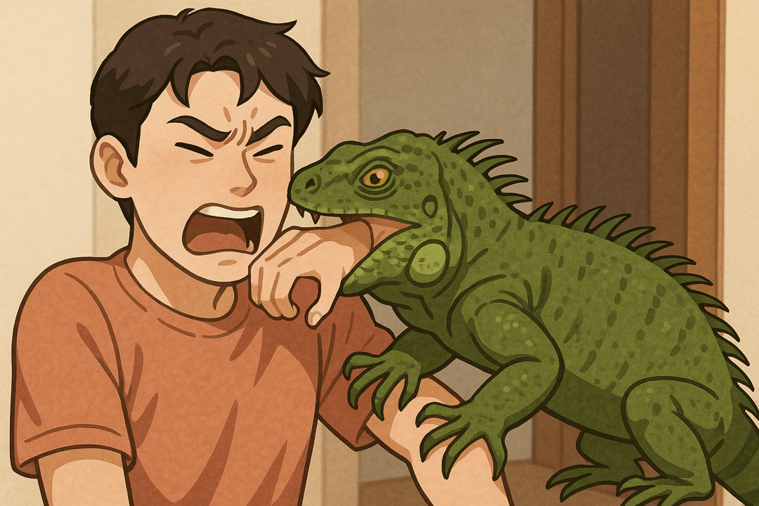 이구아나가 사람의 손을 무는 상징적인 장면