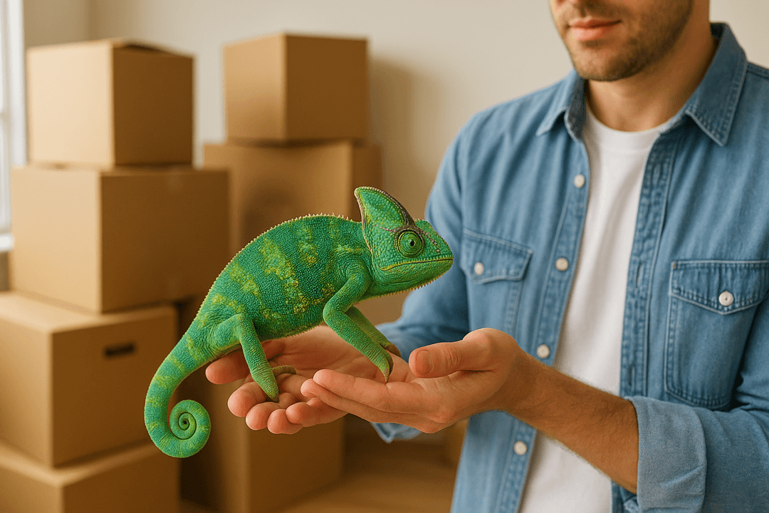 상자 위에 앉아 이사 준비 중인 카멜레온의 상징적 이미지