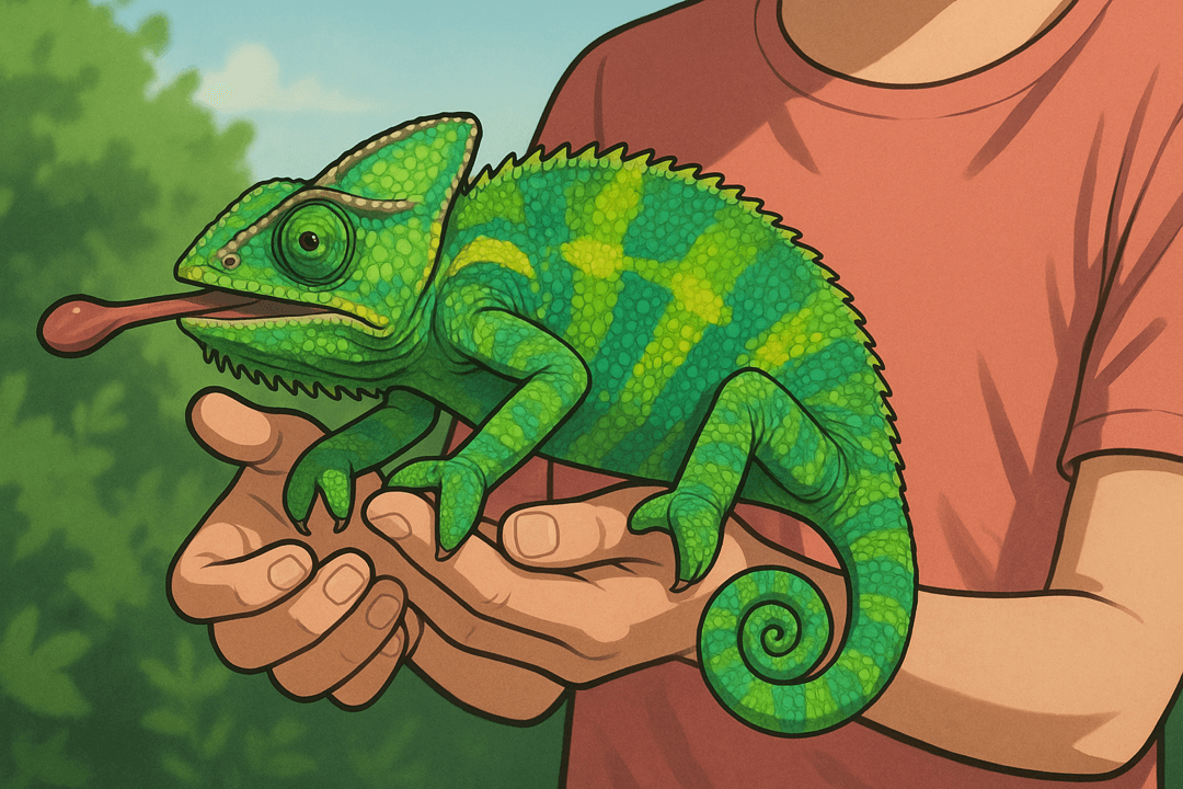손으로 카멜레온을 조심스럽게 잡고 있는 상징적 이미지