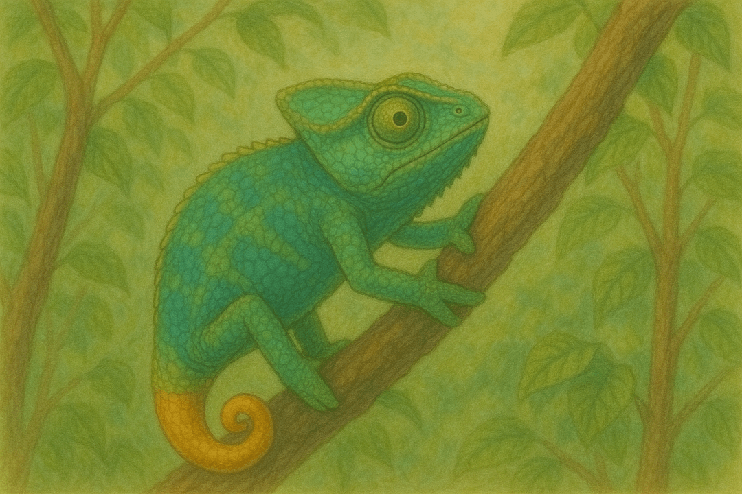 나무에 매달린 카멜레온을 상징적으로 표현한 이미지