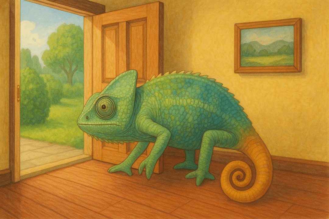 집 안으로 들어오는 카멜레온을 표현한 상징 이미지