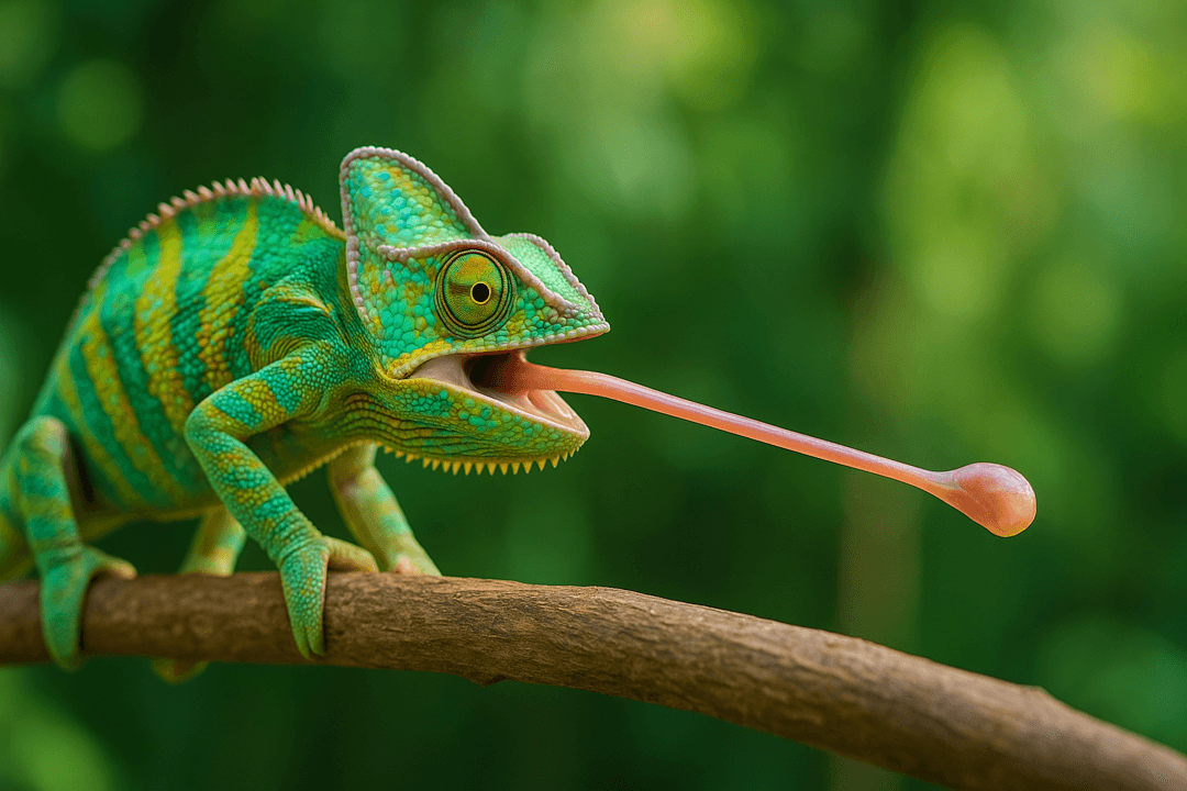 혀를 길게 내밀며 주변을 감지하는 카멜레온 이미지