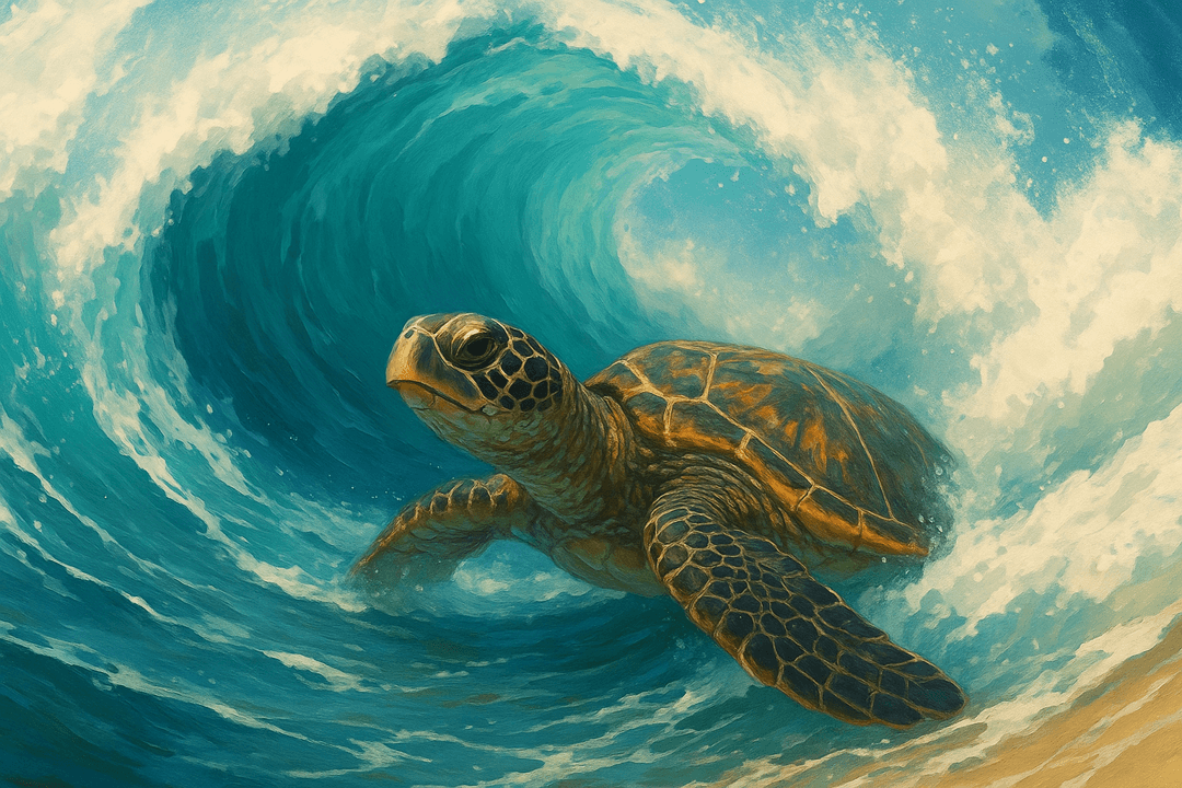 거센 파도 속을 유영하는 바다거북의 상징적인 장면