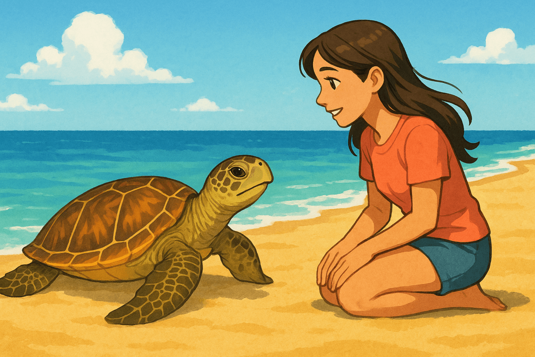 해변에서 바다거북과 마주하는 상징적인 장면