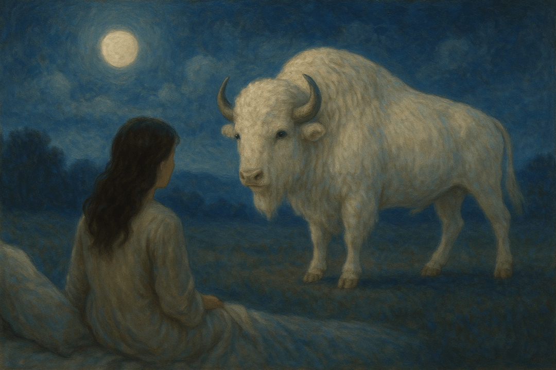 밝은 초원 위에서 빛나는 흰 들소의 상징적인 장면