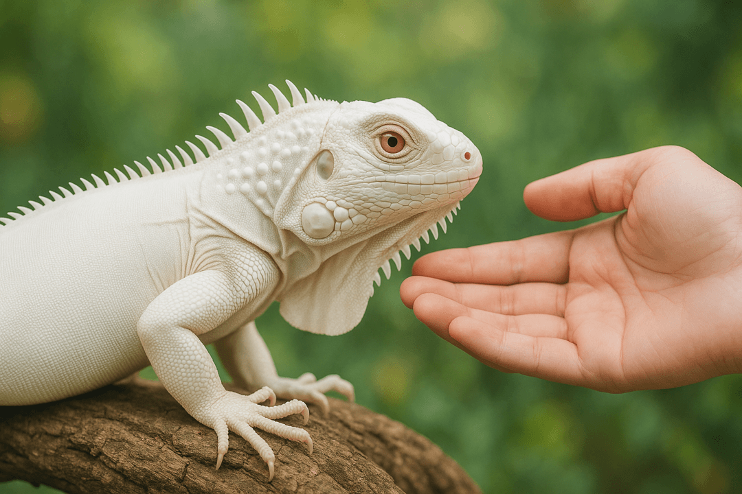 신비로운 흰색 이구아나가 고요한 곳에 서 있는 모습