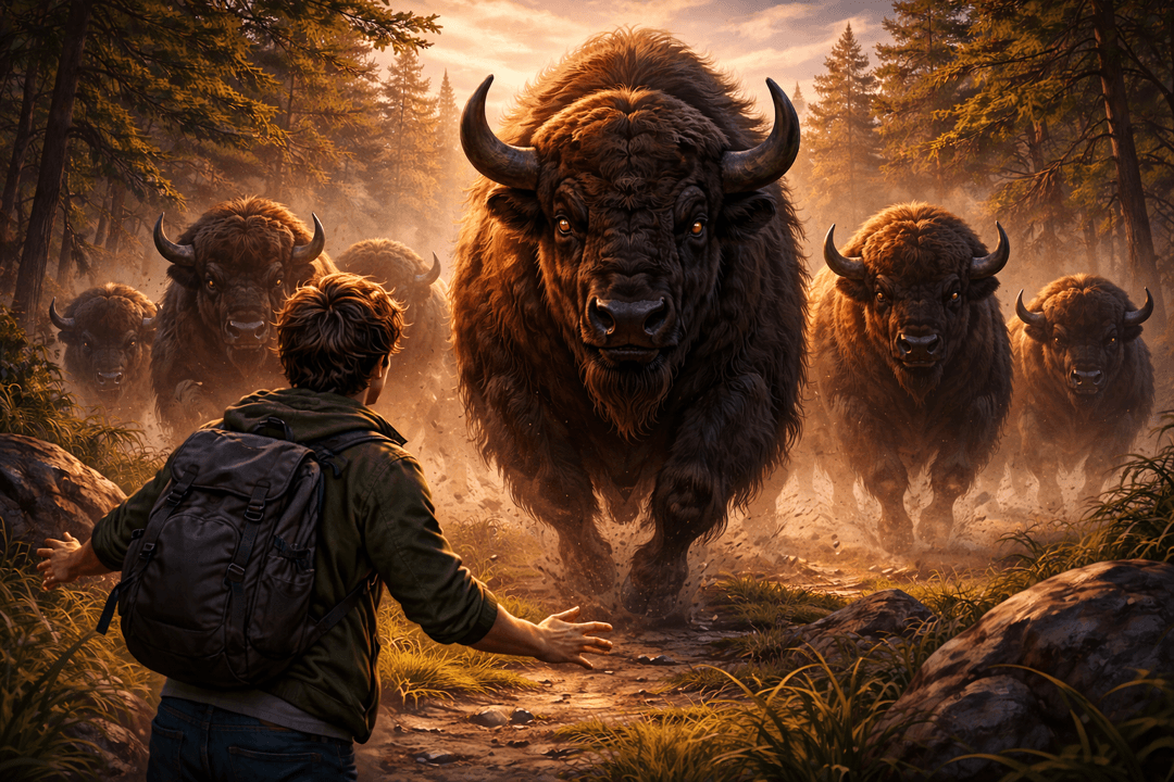 광활한 초원에서 여러 마리의 바이슨 무리를 마주하는 장엄하고 상징적인 장면